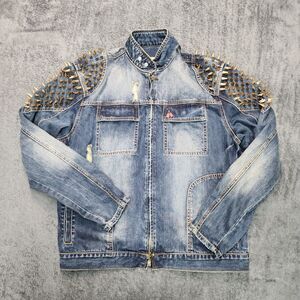 Men's Redtag Brand Motorcycle Style Jean Jacket Distressed/Gold Spikes Size 2XL